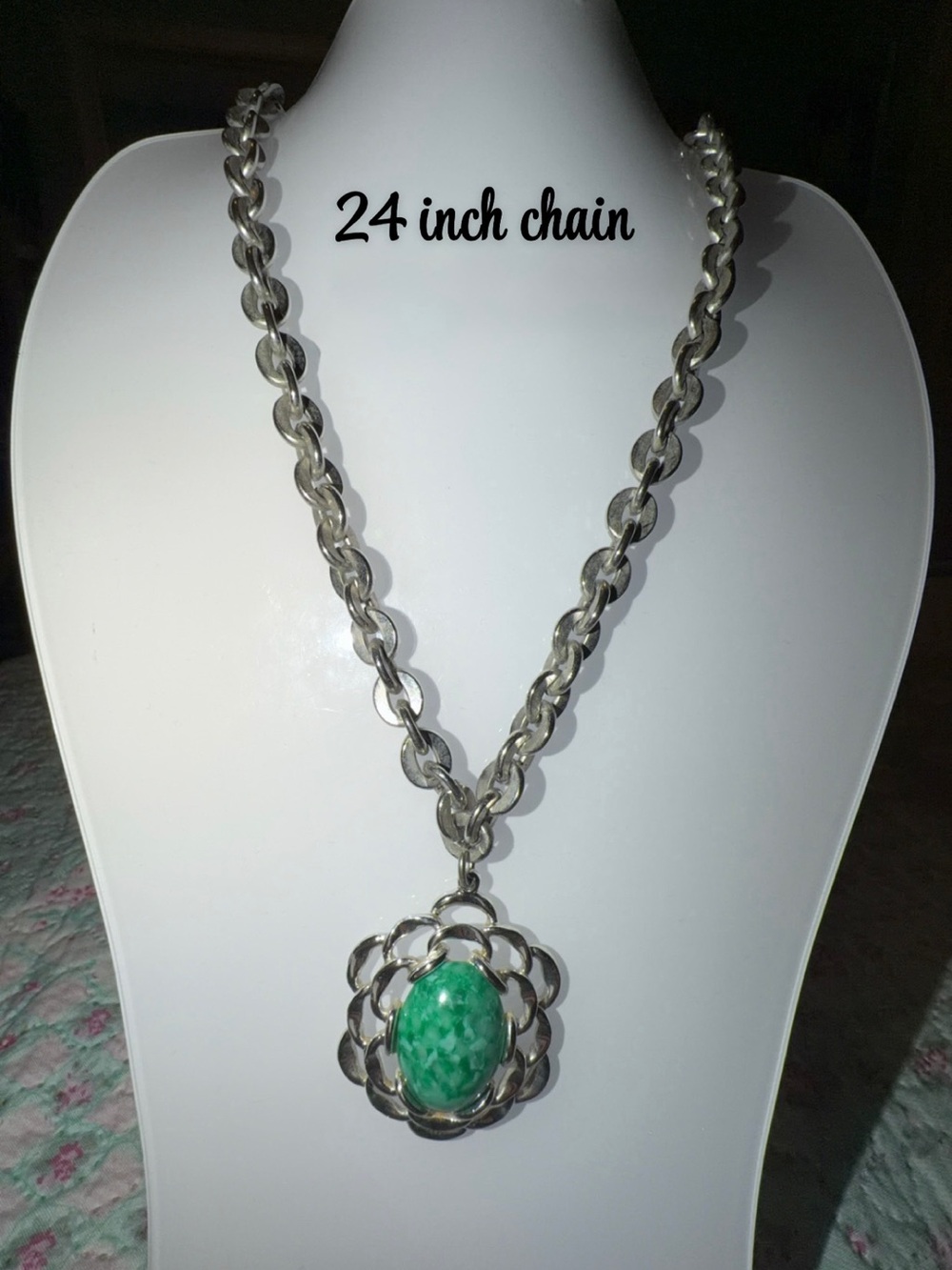 Vintage Sarah Coventry Silver-Tone Chain Necklace with Green Oval Pendant